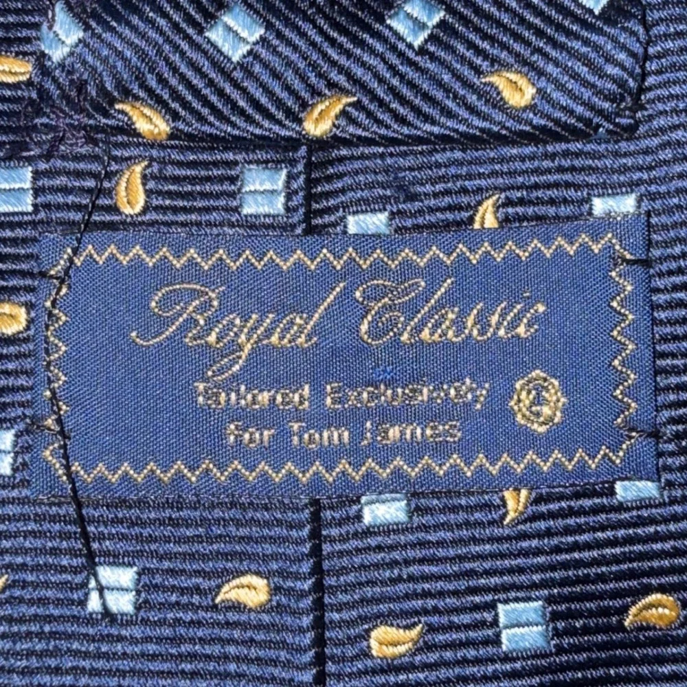 Tom James Royal Classic Tie OS Navy Blue Paisley Geometric Silk Blend‎ Necktie